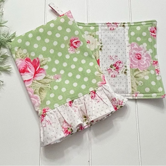 Shabby Cottage Roses Farmhouse Green Decorative Tea Dish Towel and Pot Holder - Picture 1 of 9